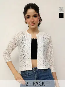 Espresso Pack of 2 Self Design Mandarin Collar Cotton Shrugs