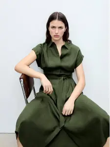 MANGO Shirt Collar Extended Sleeves Button-Down A-Line Maxi Dress with Belt