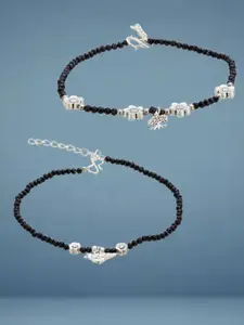 ATIBELLE Set Of 2  Silver-Plated Artificial Stones Studded And Beaded Anklet