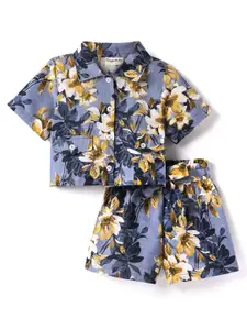 CrayonFlakes Girls Floral Printed Crop Pure Cotton Shirt With Shorts