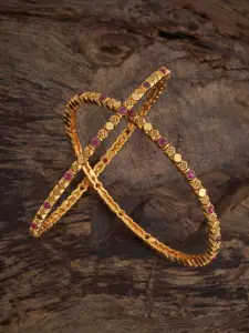 Kushal's Fashion Jewellery Set Of 2 Gold-Plated Stones Studded Ruby Ethnic Antique Bangles