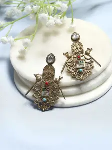 Biba Gold-Plated Artificial Stones Studded and Beaded Contemporary Drop Earrings