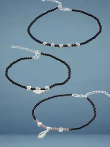 ATIBELLE Set Of 3  Silver-Plated Artificial Stones Studded And Beaded Anklet