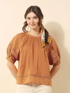 U.S. Polo Assn. Women Solid Lace Insert Detail  Puff Sleeve Cotton Top