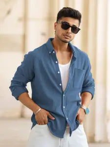 Powerlook Men Textured Spread Collar Cotton Casual Shirt