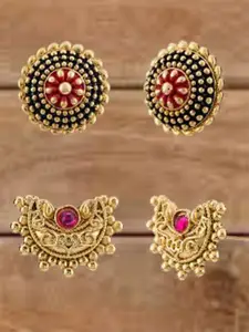 ATIBELLE Set Of 2 Gold-Plated Cubic Zirconia Studded Crescent Shaped Meenakari Studs