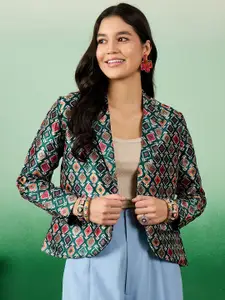 Sangria Ethnic Motifs Printed Notched Lapel Front Open Blazer