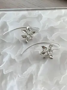 KRENOZ Silver-Plated Floral Textured Hook Design Drop Earrings