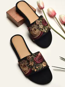 Street Style Store Women Printed Open Toe Flats with Embroidered