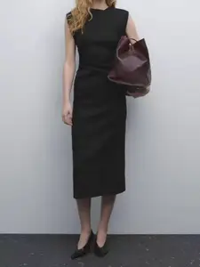 bebe Black Sleeveless Back Slit Midi Sheath Dress