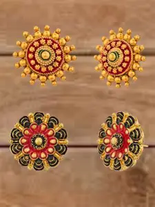 ATIBELLE Set Of 2 Gold-Plated Floral Shaped Meenakari Studs