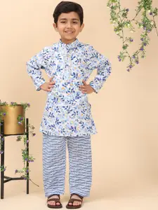 Cutiekins Boys Floral Printed Band Collar Straight Kurta With Trousers