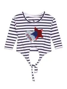 U.S. Polo Assn. Kids Girls Horizontal Striped Sequined Pure Cotton Top