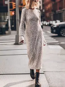 bebe Silver Sequin Round Neck Long Sleeve Open Back Shift Midi Dress