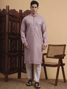 House of Pataudi Floral Embroidered Chikankari Mandarin Collar Straight Kurta