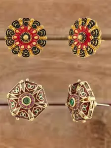 ATIBELLE Set Of 2 Gold-Plated Cubic Zirconia Studded Floral Shaped Meenakari Studs