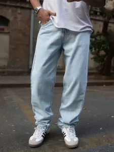 Powerlook Men Pure Cotton Ice Blue Washed Baggy Jeans