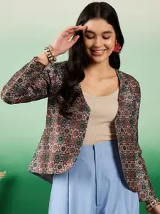 Sangria Ethnic Motifs Printed Notched Lapel Front Open Blazer