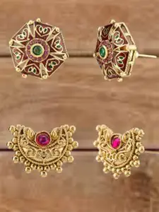 ATIBELLE Set Of 2 Gold-Plated Cubic Zirconia Studded Floral Shaped Meenakari Studs