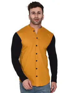 BEYOU FASHION Colourblocked Mandarin Collar Long Sleeves Cotton Casual Shirt