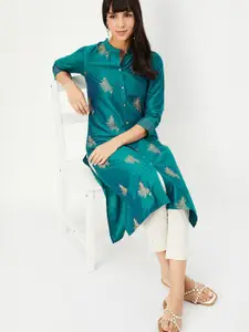 max Floral Embroidered Mandarin Collar Thread Work Straight Kurta