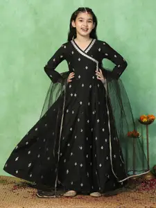 Sangria Girls Embroidered Maxi Dress With Dupatta