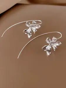 KRENOZ Silver-Plated Floral Textured Hook Design Drop Earrings