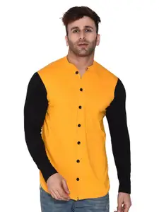 BEYOU FASHION Colourblocked Mandarin Collar Long Sleeves Cotton Casual Shirt