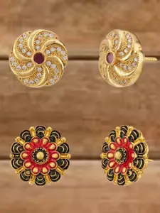 ATIBELLE Set Of 2 Gold-Plated Cubic Zirconia Studded Floral Shaped Meenakari Studs