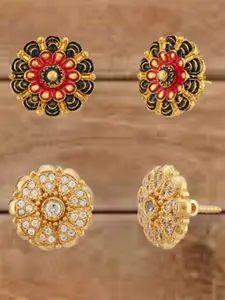 ATIBELLE Set Of 2 Gold-Plated Cubic Zirconia Studded Floral Shaped Meenakari Studs