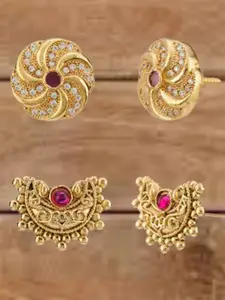 ATIBELLE Set Of 2 Gold-Plated Cubic Zirconia Studded Floral Shaped Studs