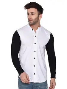 BEYOU FASHION Colourblocked Mandarin Collar Long Sleeves Cotton Casual Shirt