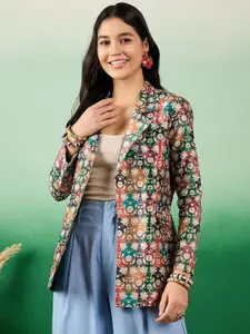 Sangria Printed Silk Front Open Blazer