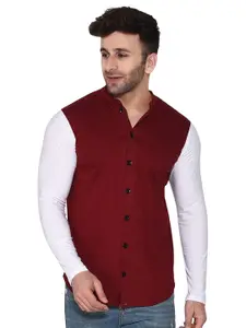 BEYOU FASHION Colourblocked Mandarin Collar Long Sleeves Cotton Casual Shirt