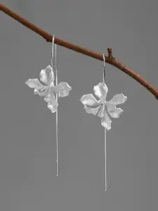 KRENOZ Silver-Plated Floral Shaped Textured Drop Earrings