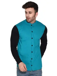 BEYOU FASHION Colourblocked Mandarin Collar Long Sleeves Cotton Casual Shirt