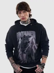 Snitch Men Revolution Acid Washed Oversized Snitch Black Graphic Print Hoodies