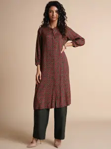 Global Desi Floral Printed Mandarin Collar Cuffed Sleeves Straight Kurta
