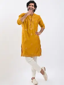 VASTRAMAY Floral Embroidered Mandarin Collar Straight Thread Work Kurta With Pyjamas