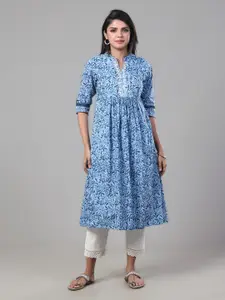 Vismay Floral Printed Mandarin Collar Sequinned Cotton A-Line Kurta