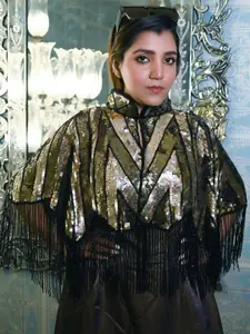 ODETTE Self Design Embellished Croped Open Front Shrug