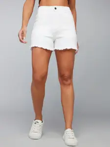 DOLCE CRUDO Women High-Rise Regular Fit Frayed Denim Shorts
