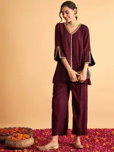 Fashion Ritmo Floral Sequence Embellished V-Neck Top With Trouser