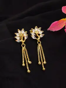 PRIVIU Gold-Plated American Diamond Studded And Beaded Peacock Shaped Drop Earrings