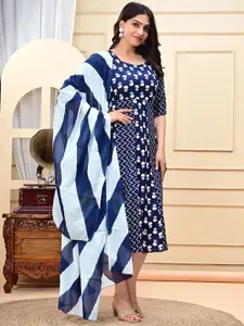 NEKU FASHION Floral Printed Round Neck Fit & Flare Midi Dress With Dupatta