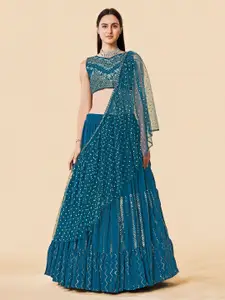 Fusionic Embroidered Sleeveless Mirror Work Ready To Wear Lehenga & Blouse With Dupatta