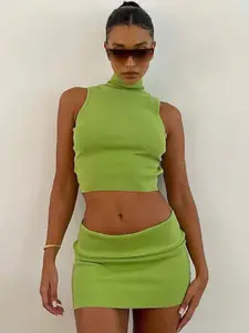StyleCast Green High Neck Sleeveless Top With Skirt