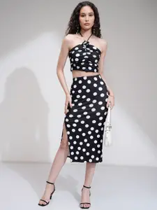 Tokyo Talkies Women Polka Dot Corsage Top & Midi Skirt Co-Ord