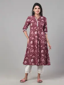 Vismay Floral Printed Mandarin Collar Kantha Work Cotton A-Line Kurta