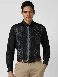 V Dot Men Slim Fit Spread Collar Floral Printed Cotton Formal Shirt